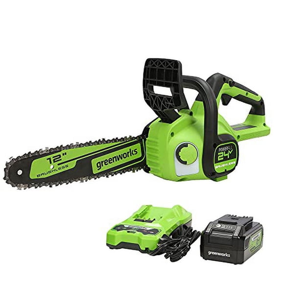 Greenworks Tronçonneuse Électrique Sans Fil Sans Balais 24V 12 Pouces, Batterie USB 4,0 Ah et Chargeur Inclus [125+ Outils Compatibles]