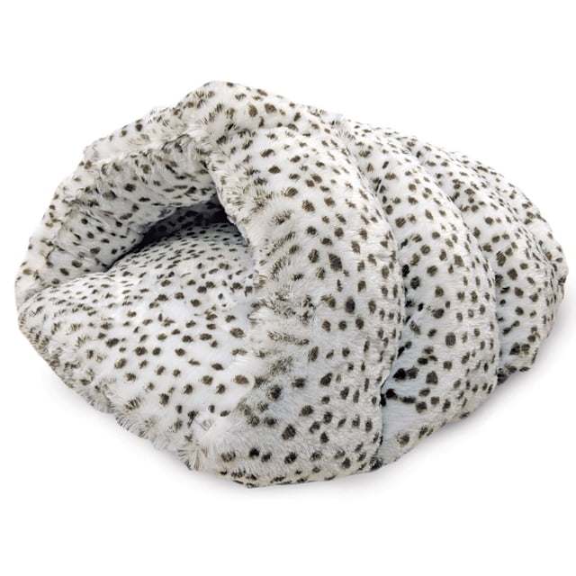 Ethical Pets Sleep Zone 22" Small Cuddle Cave Dog and Cat Pet Bed with plush spotted faux fur exterior and deep cozy interior offering comfort and security, durable no-clump filling, and machine washable fabric, suitable for small pets.