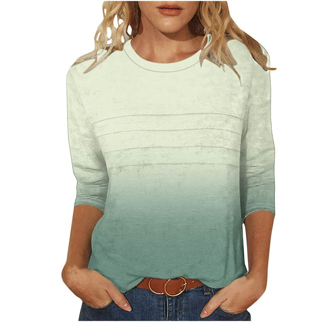 Olyvenn T-Shirts pour Femmes à Manches 3/4 Été 2025, Imprimé Dégradé, Col Rond, Décontracté, Basique, Coupe Tunique, Blouse, Vert G
