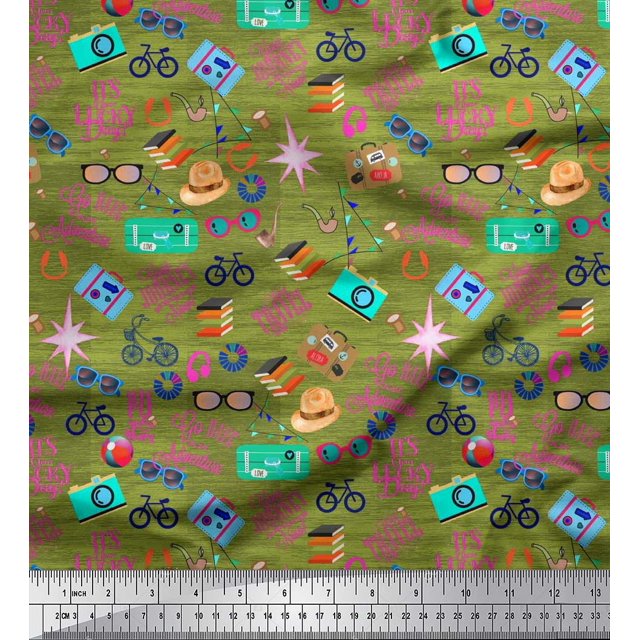 Soimoi Poly Georgette Fabric Camera,Hat & Briefcase Travel Decor Fabric Printed Yard 42 Inch Wide