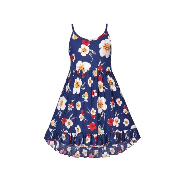 Robe Fille à Bretelles Spaghetti Asymétrique Florale en Coton, Robe de Plage Fraîche 4 Ans