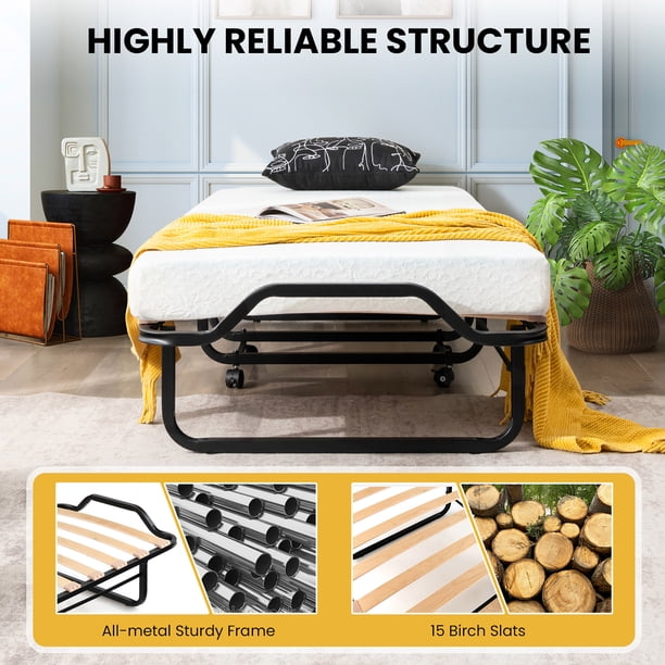 Gymax Portable Foldable Guest Bed w/ Solid Wood Slats & Metal