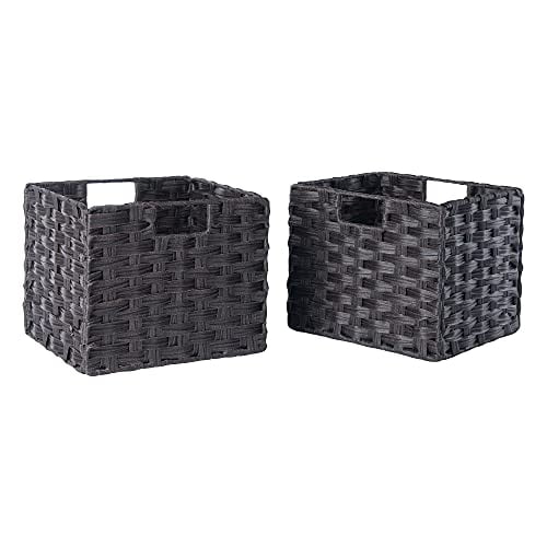 Melanie 2-Pc Foldable Woven Fiber Basket Set in chocolate, featuring two foldable woven polypropylene baskets with cut-out handles, measuring 10.24"W x 11.02"D x 9.06"H open, suitable for organizing pantry items, toys, or magazines.