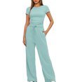 thumbnail image 2 of Birdeem Blouses pour Femmes 2 Pcs Mode Femme Col Rond Uni Manches Courtes Blouse + Pantalons Longs Taille Élastique Ensembles, 2 of 12