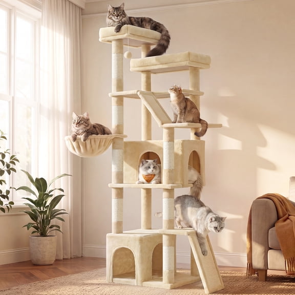 Feandrea Arbre à Chat Tour de 72,6 Pouces de Hauteur pour Chats d'Intérieur Très Grands, Poteaux à Griffer, Planches à Griffer, Conception à Plusieurs Niveaux, Sable d'Été