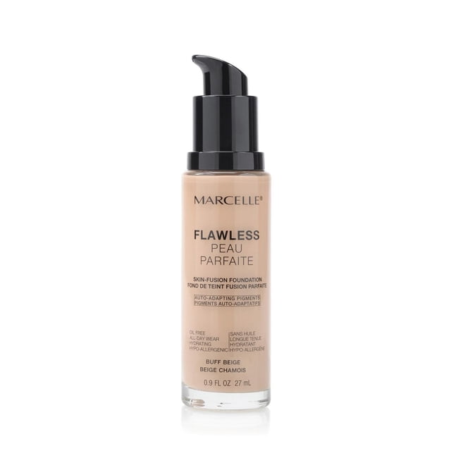 Marcelle Flawless Foundation in a clear glass bottle with a black pump dispenser, Buff Beige shade, oil-free and hydrating liquid foundation with customizable coverage, 10-hour wear, and a natural skin-fusion finish suitable for sensitive skin.