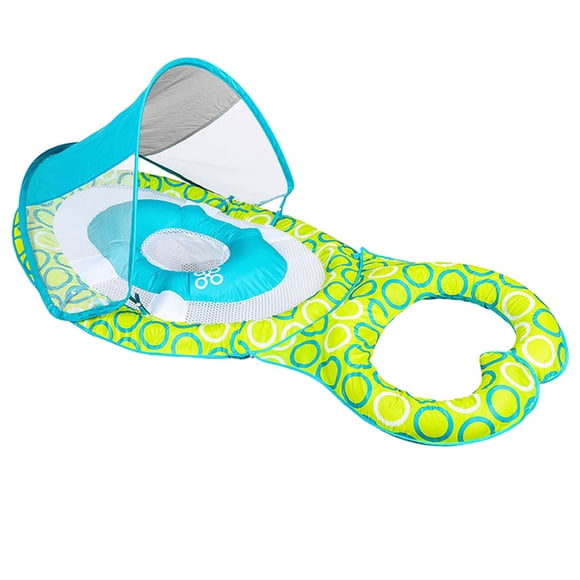 SwimWays 9 to 24 Months Inflatable Mommy and Me Baby Spring Float w/ Removable UPF 50 Sun Canopy & Parent Float Ring, Green/Blue