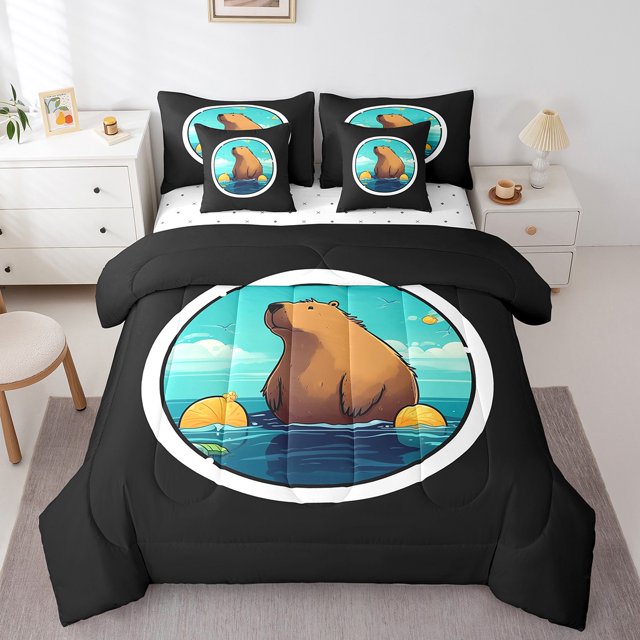 YST 7Pcs Capybara Comforter Set, Watercolor 3D Capybara, Polyester, Twin Size (1 Count)
