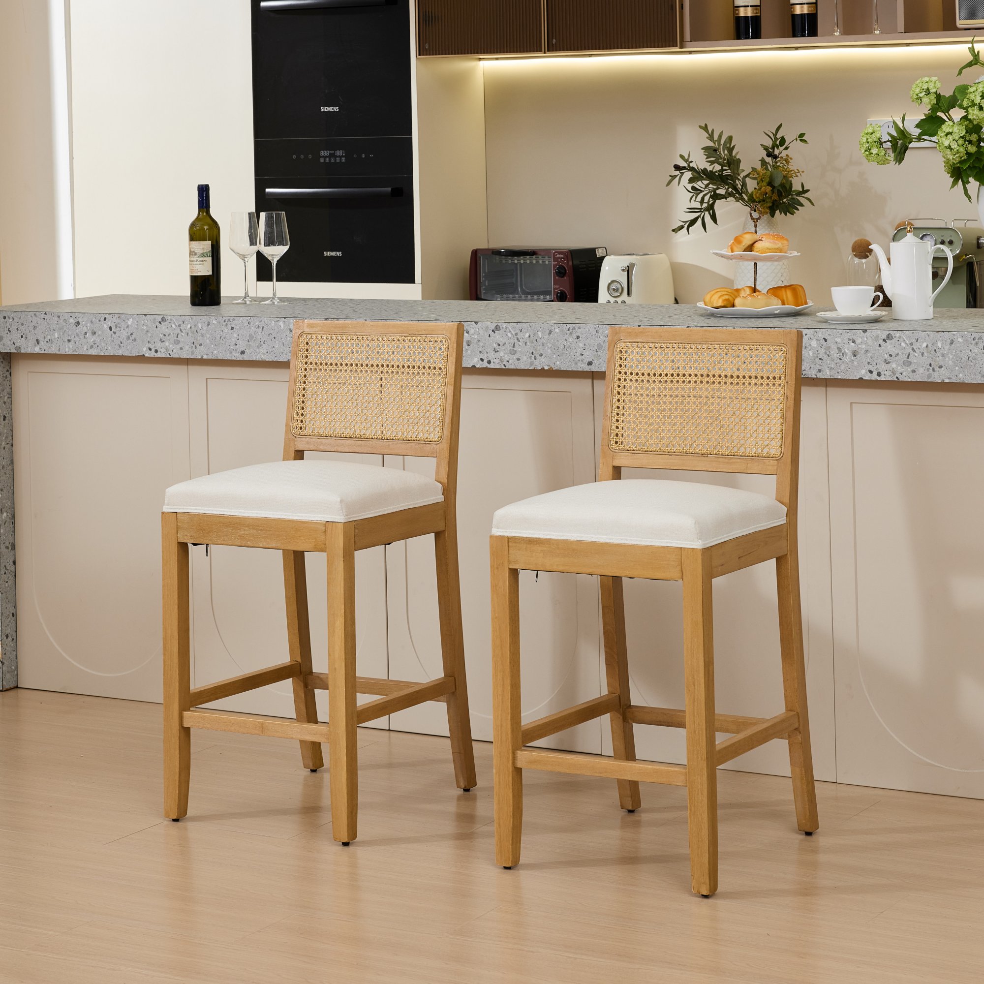 Noble House Full Solid Wood Rattan-Back Bar Stool Set of 2,Matte Linen Cushion with High-Resilience Foam & S-Springs,Beige