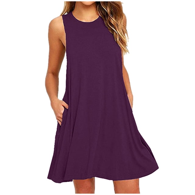Meichang Robes d'Été Robes Sans Manches pour Femmes Couleur Unie Col Ras du Cou Robes Mini Coupe Ample Décontractées Fluides Robes Débardeur avec Poches Robes de Vacances pour Femmes