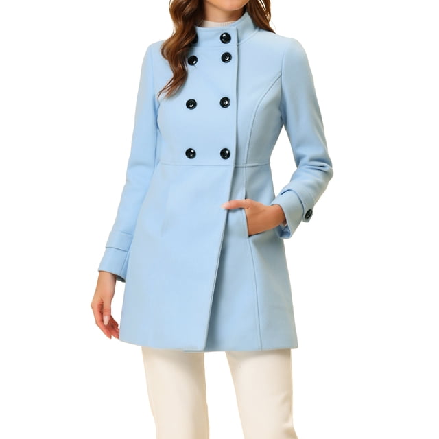 INSPIRE CHIC Manteau pour Femme à Double Boutonnage Longueur Midi Col Montant Manches Longues Manteau S Bleu Ciel