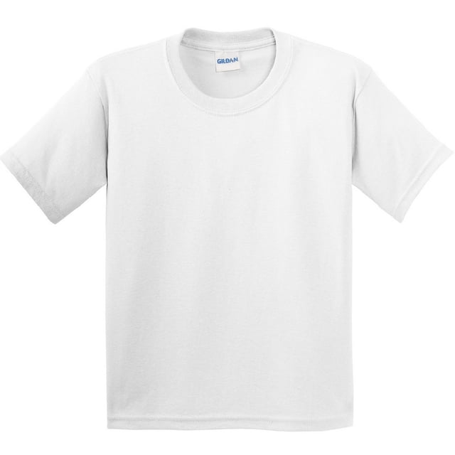 Gildan Childrens Soft Style T-Shirt (Pack Of 2) displayed in a front-facing view. The white t-shirt features a seamless twin needle collar, taped neck and shoulders, and a Eurostyle fit in the neck, shoulders, and sleeves. Made from 100% cotton preshrunk jersey knit fabric with a weight of 150-155g/m². Ideal for children, available in a pack of two.