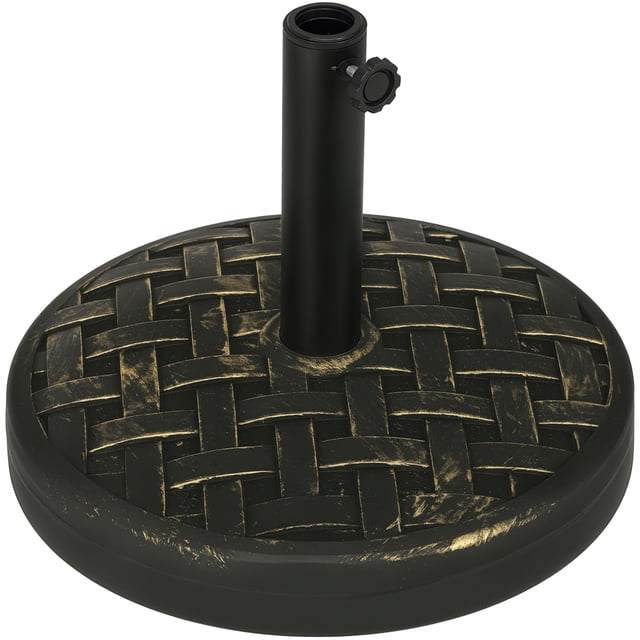 Outsunny 40lbs. Umbrella Base with Rattan Effect, Umbrella Stand, Bronze. Designed for outdoor shade, this base features a woven rattan-style design in bronze finish, HDPE shell filled with concrete for durability, and a powder-coated metal pole with a tightening knob for securing umbrella poles of 1.5-inch (38mm) or 1.9-inch (48mm) diameter. Suitable for patio umbrellas up to 8.2 feet in height.