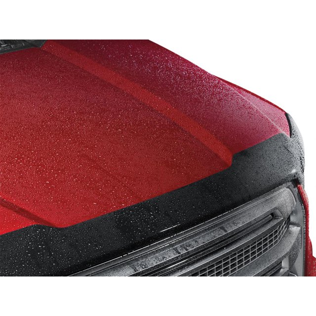 Convient aux Ford F-150 Weathertech 2015-2020 Pare-Insectes 55001 Contour dans la Fumée Sombre Acrylique, Montré Installé sur un Capot de Véhicule Rouge. le design Élégant et Profilé Protège le Capot et le Pare-Brise des Débris et des Insectes, Fabriqué à Partir d'Acrylique durable de Qualité Aérospatiale. Aucune Perceuse Requise pour l'Installation.