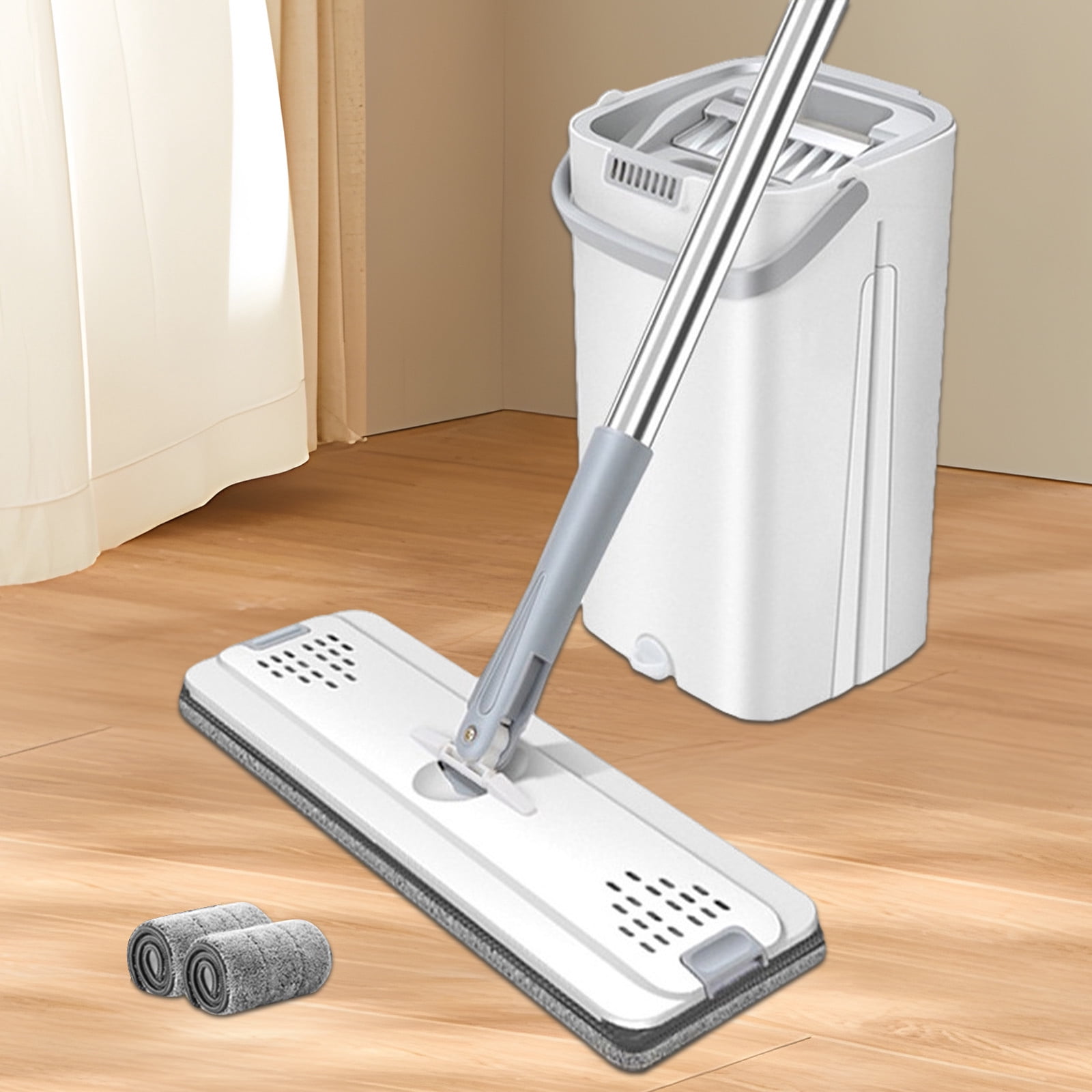 Meitianfacai New Scratch Mop Home Set Hand- Mop Affordable Flat Mop For Wooden Floors One Mop For Wet And Dry Use Lazy Mop Set, White