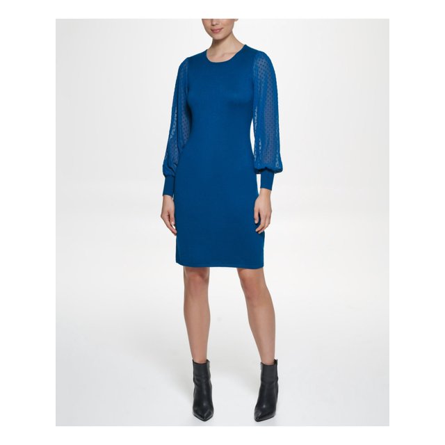 DKNY Robe Fourreau pour Femmes, Bleu Sarcelle, Extensible, Côtelée, Transparente, Non Doublée, Manches Blouson, Col Ras du Cou, Longueur Genou, pour le Travail, m