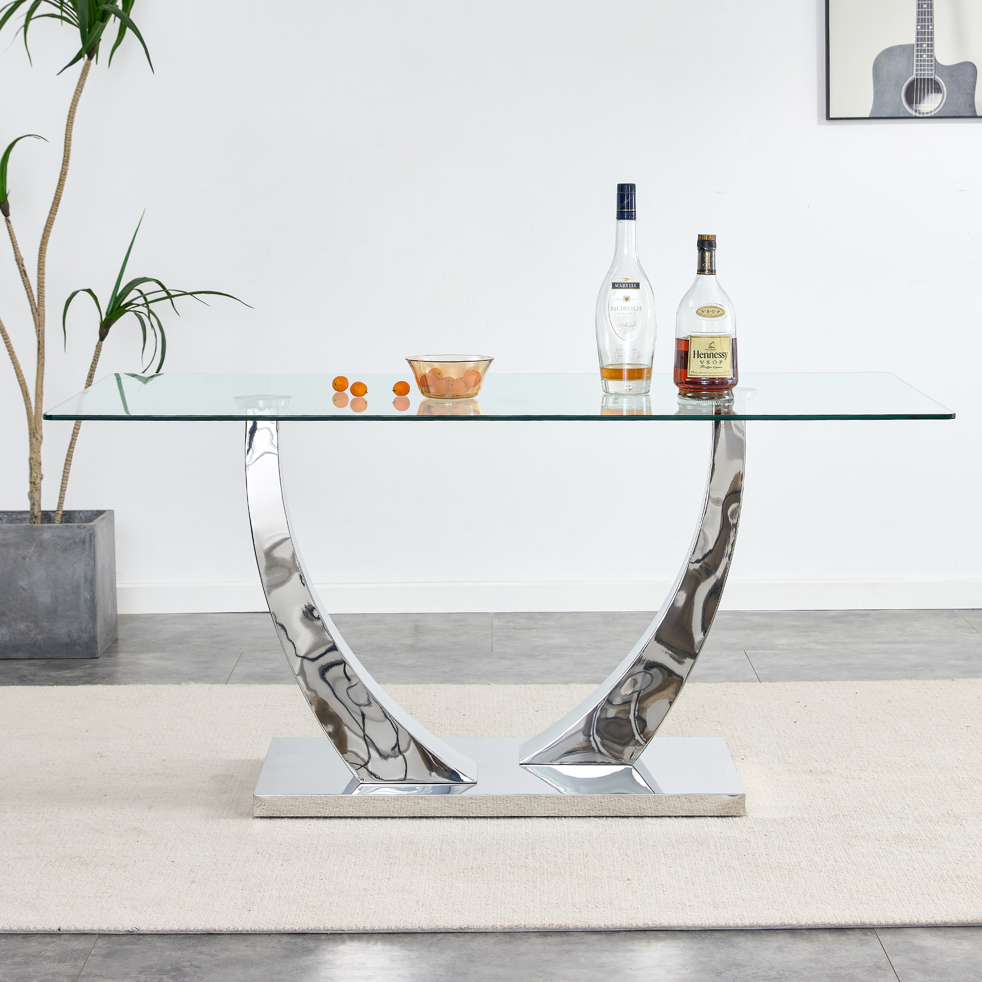 Table de salle à manger rectangulaire moderne Noble House 160 cm, plateau en verre trempé 1 cm d'épaisseur, argent