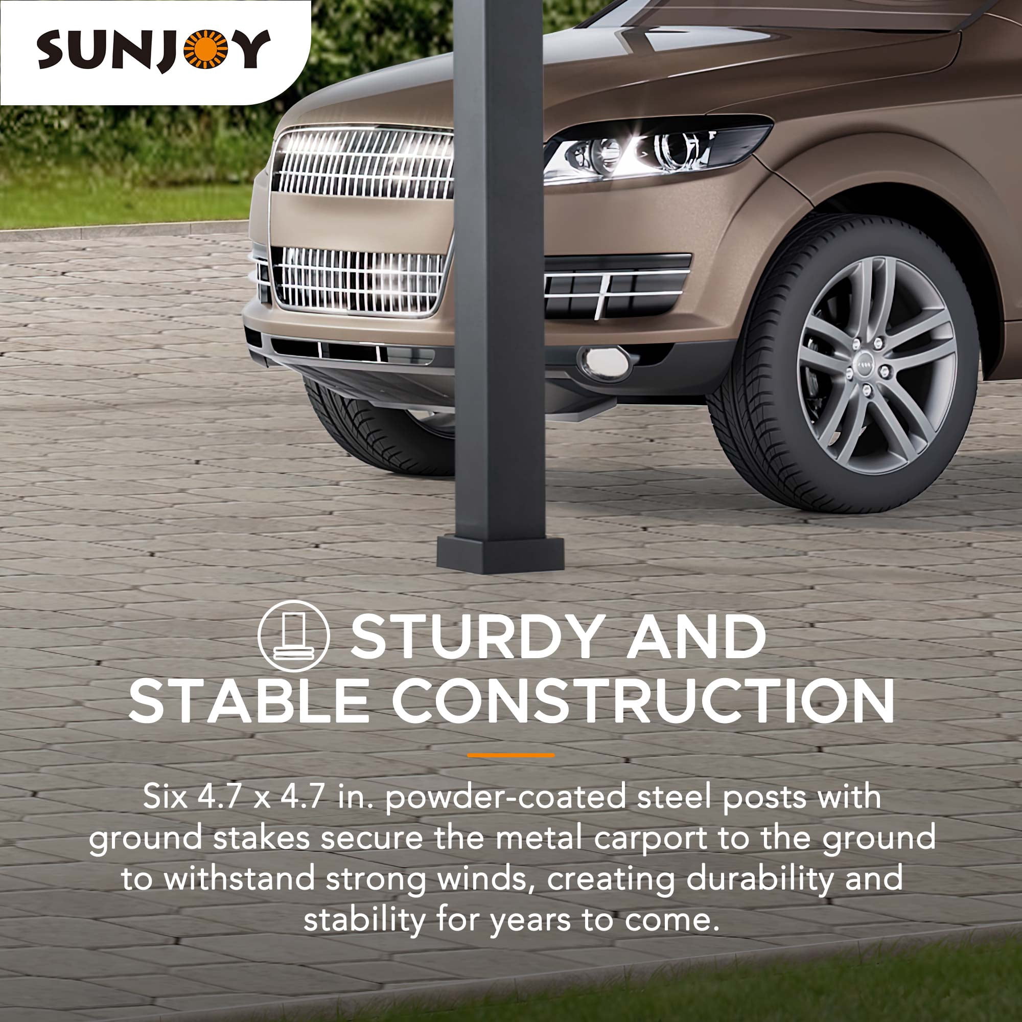 Sunjoy Carport 20 ft. x 14 ft. Gazebo Extérieur Abri de Voiture Robuste avec Toit en Acier Galvanisé Thermolaqué Marron / Cadre Noir et 2 Crochets de Plafond