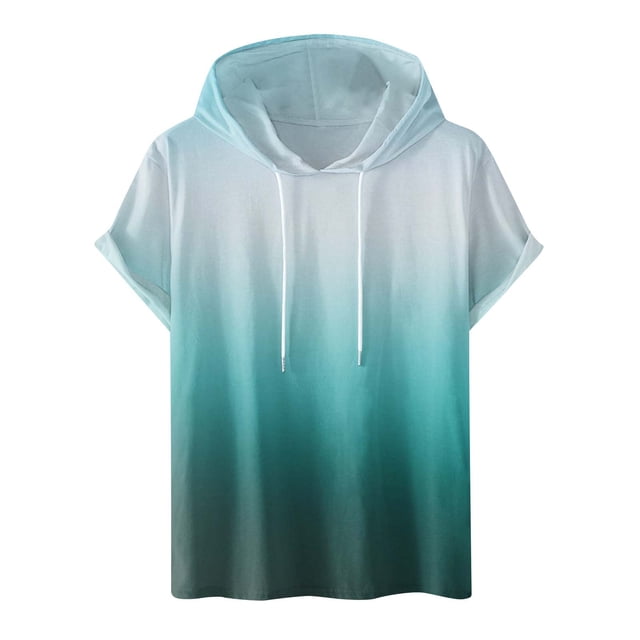 Besolor Mens Casual Hooded Tops Gradient Drawstring Short Sleeve Shirts Sports ness Pullover Summer Blouse