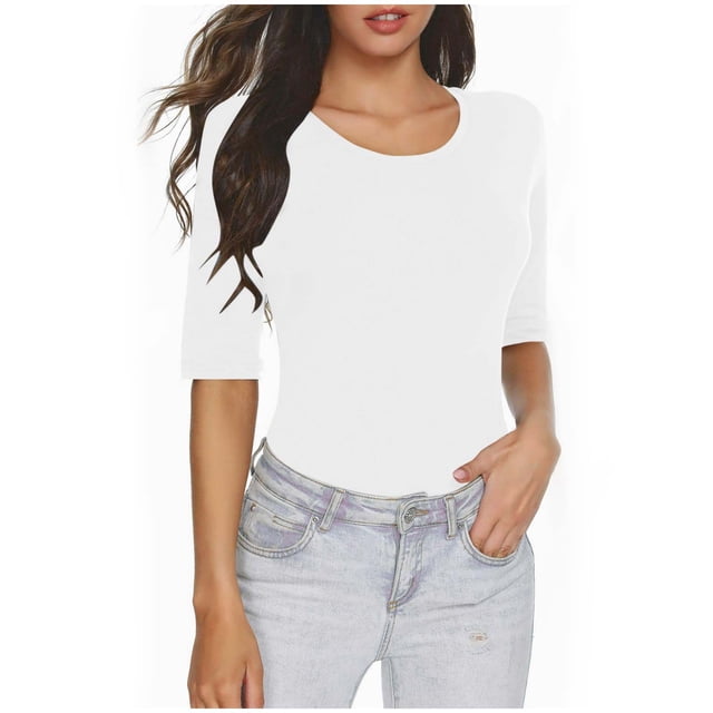 AherBiu T-Shirts pour Femmes Couleur Unie Manches 1/2 Col Rond Été Ajusté Extensible Confortable Basique