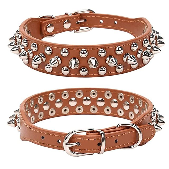 Spiked Studded Rivet Leather Dog Collar for Cats Puppy Small Medium PetsBrownM 42*2.5CM