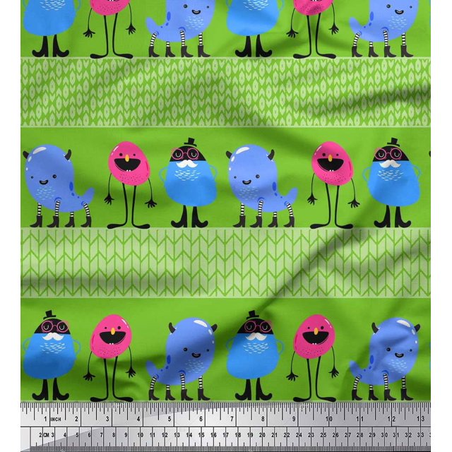 Soimoi Green Silk Fabric Monster Cartoon Print Sewing Fabric Yard 42 Inch Wide