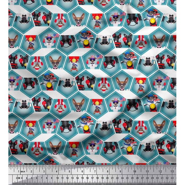 Soimoi Rayon Fabric Geometric & Dogs Patchwork Print Fabric by The Yard 42 Inch Wide