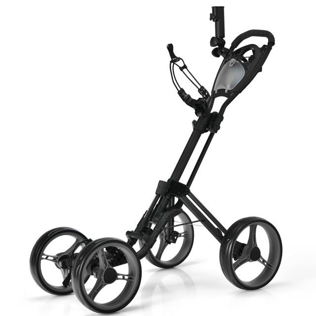 Gymax Chariot Pousse-Golf Pliant à 4 Roues avec Poignée Réglable Frein à Pied Gris