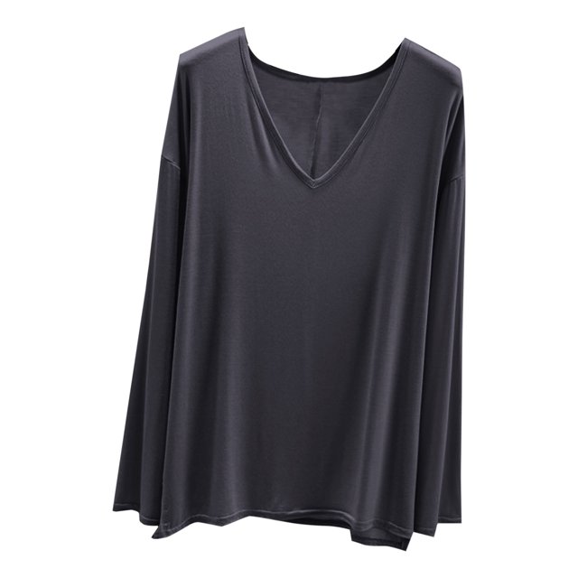 MeetoTime V Neck Long Sleeve Shirts for Women Comfortable Loose Tops Solid Color Lounge Tops Pullover