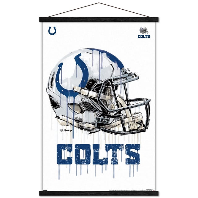 NFL Indianapolis Colts - Affiche Murale « Drip Helmet 20 », 22,375 Po x 34 Po, Montrant une illustration Centrée d'Un Casque de football Blanc avec un logo de Fer à Cheval Bleu et un Masque Facial Noir, avec des Effets de Goutte de Peinture Bleue et un Texte « Colts » Bleu Vieilli Ci-Dessous, Imprimée sur Papier d'Affiche Lustré avec Cadre en Bois Noir pour Déco Murale, Convient pour Décorer des Chambres, des Bureaux Ou des Résidences Étudiantes.