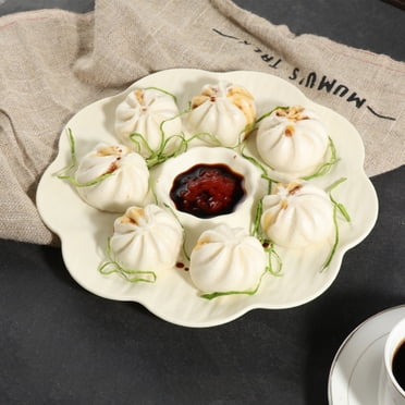 Stone Pattern Jiaozi Plate | Plastic Sushi Shrimp Snack Dish with Vinegar Sauce Compartment | 9.25x9.25x0.98in | Durable Easy-Clean Serving Tray for Home Restaurant | 1 Piece
