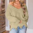 thumbnail image 2 of Dagegui Womens Off the Shoulder Sweater Solid V Neck Long Sleeve Loose Knitted Pullover Ripped Crop Top Khaki,L, 2 of 6