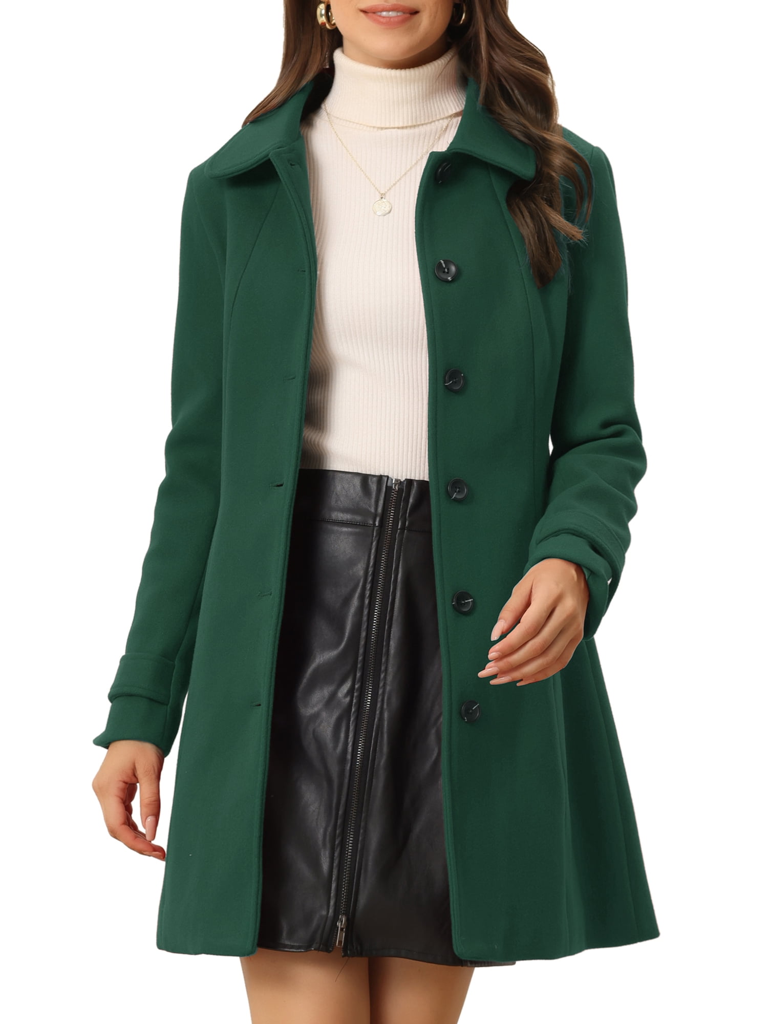 INSPIRE CHIC Manteau Long d'Hiver pour Femme à Col Peter Pan, à Simple Boutonnage, Uni Vert Foncé TP