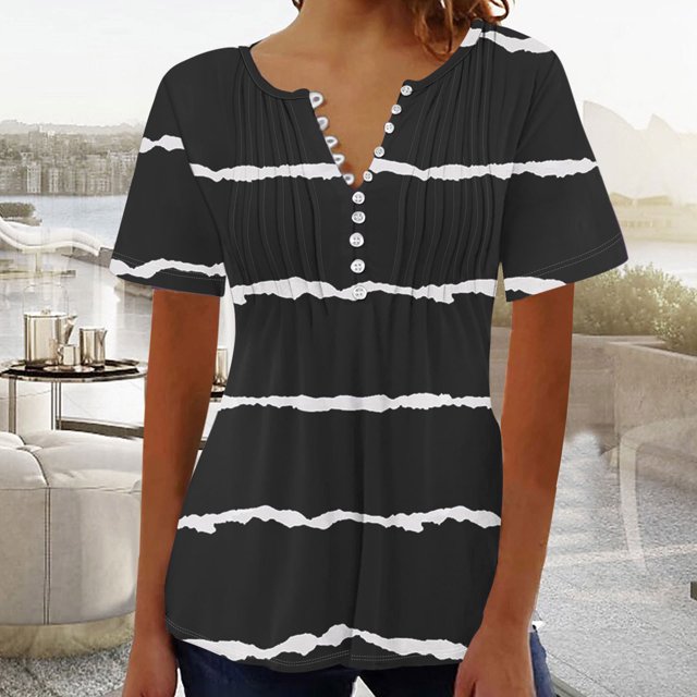 Blouses for Women Womens Printed V-neck Button Up Short Seeved Top