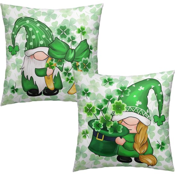 Housses de Coussin Gnomes de la Saint-Patrick 20x20 Ensemble de 2 Vert Trèfle Porte-Bonheur Housse de Coussin Décorative Trèfles de la Saint-Patrick Chapeau à Nœud Étuis de Coussin Printemps Rustique Taie d'Oreiller d'Extérieur pour Canapé Sofa