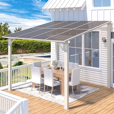 AECOJOY Pavillon à Toit Rigide Mural 8 x 8 Pi, Toit en Polycarbonate et Cadre en Métal, Blanc