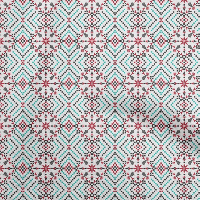 oneOone Cotton Poplin White Fabric Geometric Fair Isle Pattern Sewing Craft Projects Fabric Prints By Yard 42 Inch Wide