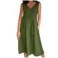 thumbnail image 4 of BiZtdJrK Robe Longue d'Été en Coton et Lin pour Femme, Boutonnée, Fluide, Vacances Plage, Robes Soleil, Couleur Unie, Col Ras du Cou, Maxi avec Poches, Vert Armée, G, 4 of 8