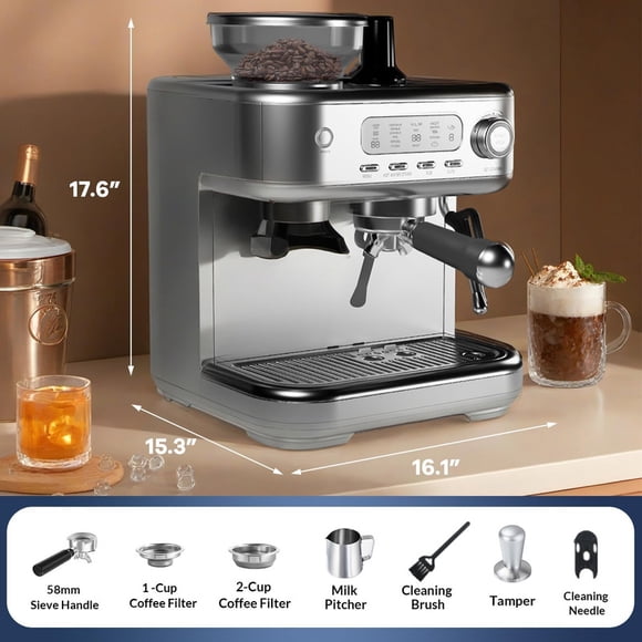Espresso Machine with Grinder & Milk Frother, 20 Bar Professional Coffee Maker, Digital LCD, Stainless Steel – Single/Double Brew