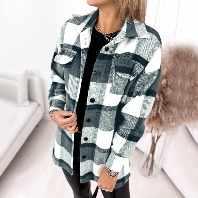 jsaierl Women's Button Down Flannel Shirts Plaid Shacket Long Sleeve Collared Jacket Coats with Chest Pockets