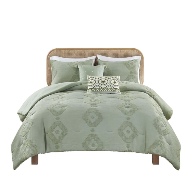 Home Trends 5 Piece Tori Comforter Set in green with geometric tufted pattern, including comforter, two standard pillow shams with envelope closure, one oblong toss pillow, and one square toss pillow, made of polyester with OEKO-TEX certification, machine washable, suitable for modern bedroom decor.