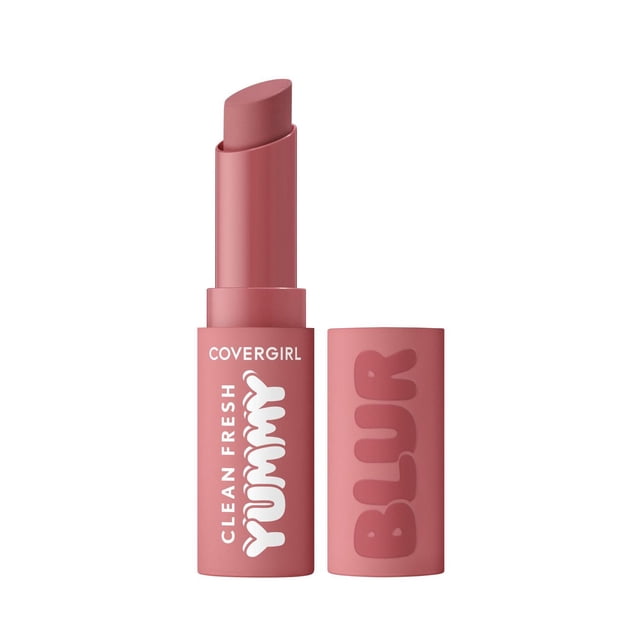 Clean Fresh Yummy Blur lipstick by COVERGIRL in a muted rose matte shade, featuring lip blurring spherical powder technology and conditioning oil complex, in a soft-touch pink tube with white and embossed lettering, suitable for a smooth, diffused lip look.