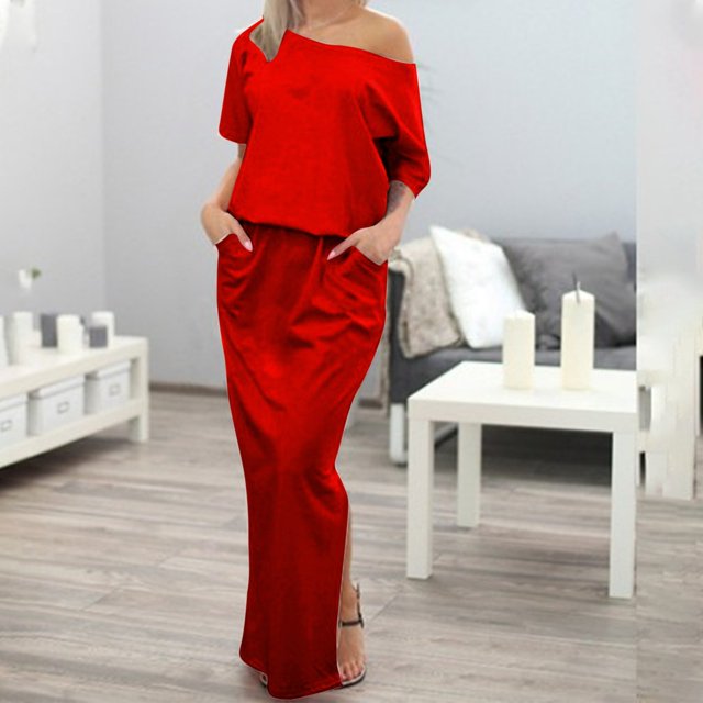 Gspmoly Robes d'Été pour Femmes, Robe d'Été Décontractée pour Femmes à Couleur Unie à Manches Courtes, Col Droit et Cheville avec Poches, Robes de Soirée pour Femmes Économies