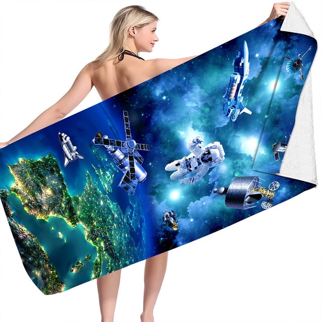 Astronaut Theme Beach Towel - Fun Printed Microfiber, Sandproof & Lightweight for Kids & Adults - 28x60 Inch