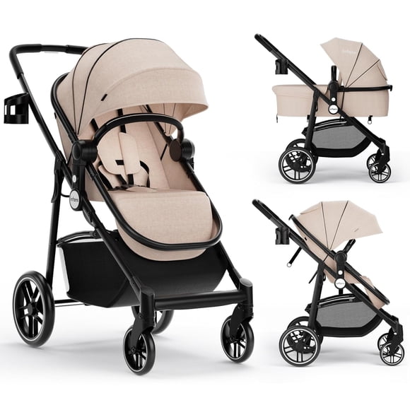 INFANS 2 in 1 Baby Stroller, High Landscape Infant Stroller and Reversible Bassinet Pram, Foldable Pushchair with Adjustable Canopy, Cup Holder, Storage Basket, Suspension Wheels