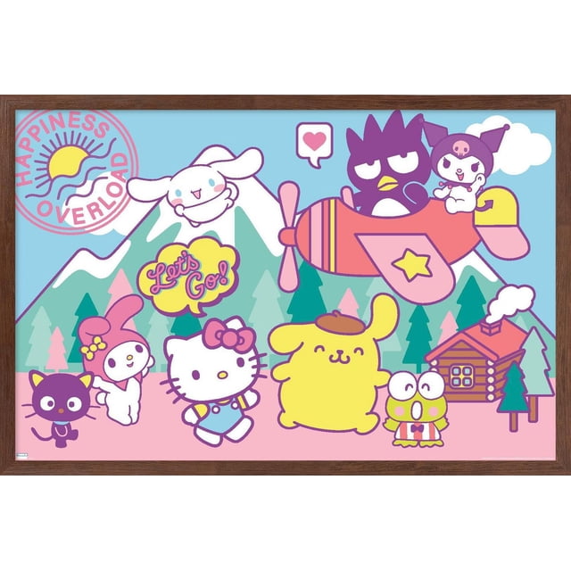 Hello Kitty and Friends - Affiche Murale « Happiness Overload », 14,725 Po x 22,375 Po Encadrée, Représentant Hello Kitty et Ses Amis dans un Paysage de Montagne Coloré avec des Pins, une Cabane en Rondins et un Avion Rose. l'Affiche Comprend une Bulle « Let's Go! » et un Emblème Soleil « Happiness Overload », Convient pour Illuminer les Chambres, les Bureaux Ou les Dortoirs.