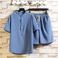 thumbnail image 5 of XZNGL Denim Shorts men Casual Button Pullover Linen Stand Collar Short Sleeve T-Shirt Elastic Shorts Two-Piece Set Shorts for Men Casual Men Shorts Casual, 5 of 5