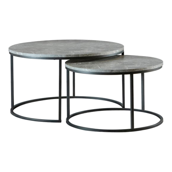 35 Inch 2 Piece Nesting Coffee Table Set Round Gray Faux Marble Tabletop