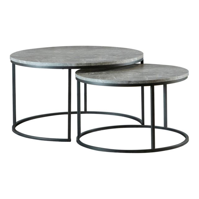 35 Inch 2 Piece Nesting Coffee Table Set Round Gray Faux Marble Tabletop
