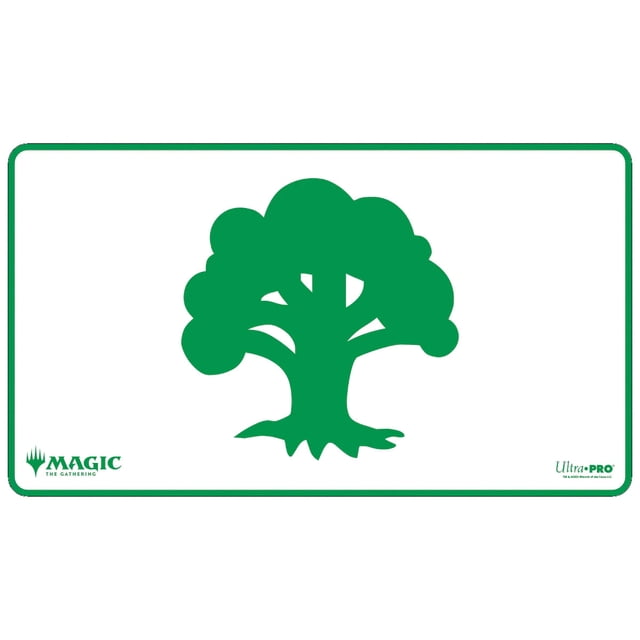 Ultra PRO Mana 8 - Tapis de Jeu à Bord Cousu - Forest for Magic : The Gathering Montrant un Symbole de Forêt Verte Centré sur un Tapis de Jeu en Tissu Blanc avec Bords Cousus Verts et Endos en Caoutchouc Antidérapant, Mesurant Environ 24 par 13,5 Pouces, Convient pour Protéger les Cartes de Jeu et Est Souvent Utilisé comme Tapis de Souris Surdimensionné.